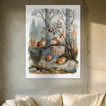 Kleine muisjes bij de eerste vorst – Woodland Friends tussen berken en rozenbottels van Floral Abstractions