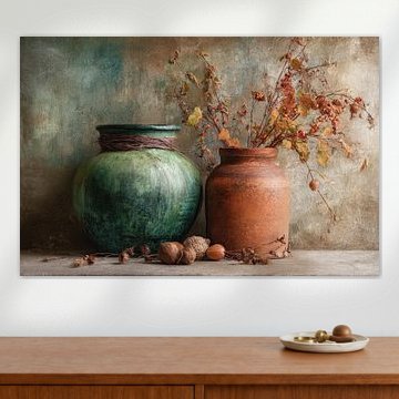 Erdige Ernte – Ruhiges Gemälde in Grün und Rostrot von Joriali Fine Art