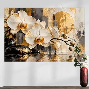 Orchidée blanche et pierres zen | Composition florale élégante dans les tons crème, noir et or | Affiche au format paysage
