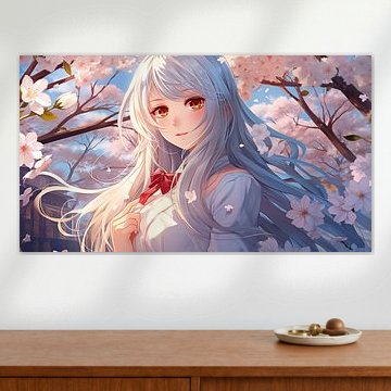 Schattig Japans anime-schoolmeisje met wit haar en sakura