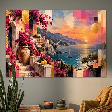 Côte amalfitaine avec des bougainvilliers au coucher du soleil | Art italien abstrait dans les tons rose & t or | Affiche au format paysage sur ButterflyPix