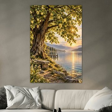 Blühende Linde am See im Sonnenuntergang | Romantische Naturlandschaft mit Bergpanorama | Poster Hochformat von ButterflyPix