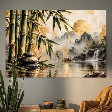 Zen Bambus mit Wasserfall & goldener Sonne | Asiatische Landschaft mit Zen Steinen | Poster Querformat von ButterflyPix