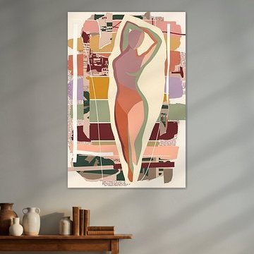 Modern figuratief - vrouw in lila groen beige met accenten van geel groen en taupe