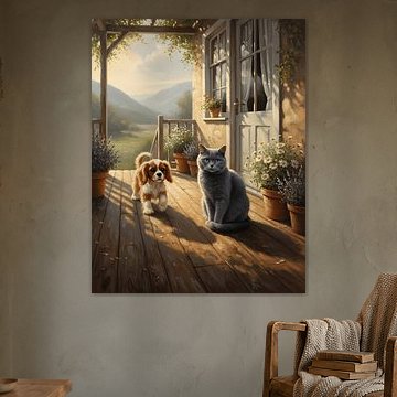 Welpe, der auf dem Verandaboden dem Sonnenlicht folgt von Regan Frederick