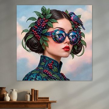Surrealist Portrait of a Woman with Sunglasses, Birds and Berries