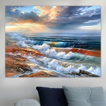 Ocean Blue Impasto Painting: The Sea Breaks Open the Evening Light
