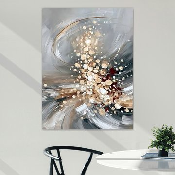 Abstraktes Gemälde in Gold und Grau: Goldenes Licht, das aus dem Nebel emporsteigt