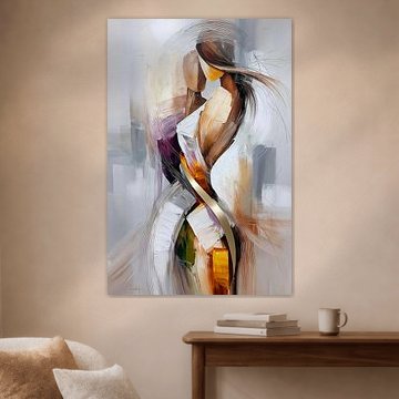Tableau abstrait chaleureux : un homme et une femme dans une étreinte dorée sur Surreal Media