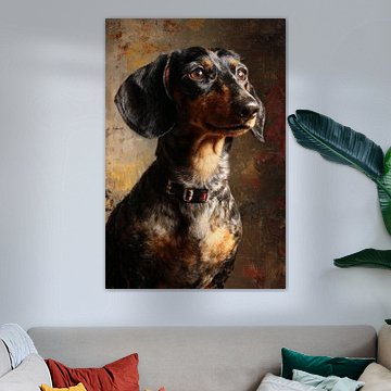 Dachshund silhouette in a warm amber glow