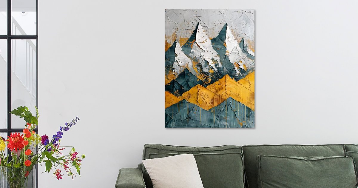 Alpenpieken in Okergeel en Wit Reliëf in een interieur