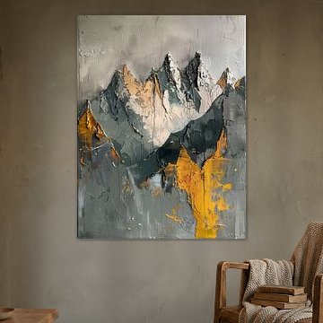 Massif montagneux en gris, ocre doré et stuc