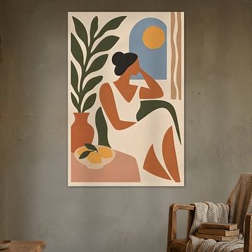 Ein von Matisse inspirierter, besinnlicher Nachmittag – „Minimalistische Frau mit Zitronen und Sonnenlicht“ | Warme, moderne Wandkunst von Timeless Artworks
