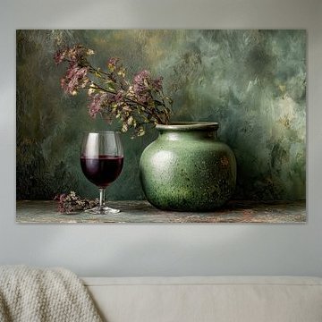 Groene Vaas - Elegant Stilleven met Rode Wijn