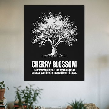 Minimalistisches Poster mit einer Strichzeichnung eines Kirschbaums – Black Edition