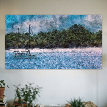 Zeilschip voor strand in de Algarve Portugal (kunst)