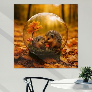 Une adorable petite famille de hérissons dans une boule de verre, au cœur d'une forêt en automne. sur Jelena Jovanovic Fine Art