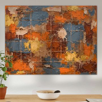Industrial abstract artwork featuring texture and a grid pattern