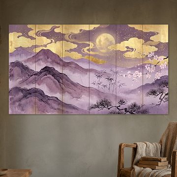Mondbeschienene violette Berge und Blüten von my pixel art