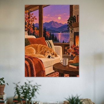 Hund am Kamin – Herbstabend mit Seeblick von Albert Klee