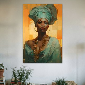 Frau mit mintgrünem Turban auf orangefarbenem Hintergrund von Steinfox Art