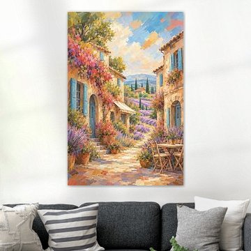Sonnige Straße in der Provence mit Lavendel und einer Terrasse im impressionistischen Stil von STUDIO ARTSY