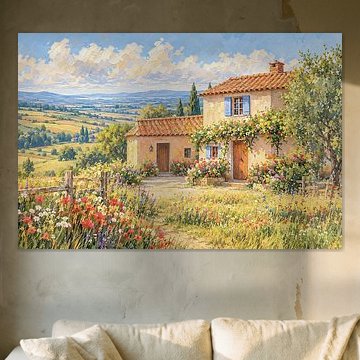 Sonnige toskanische Landschaft mit Landhaus und Feldblumen im impressionistischen Stil von STUDIO ARTSY