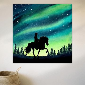 Isländer bei einem Ausritt im Winter bei Nordlicht von Carla Odink