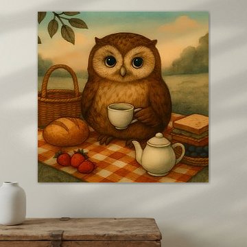 Thanksgiving-Picknick im herbstlichen Wald. Niedliche Eule mit Teetasse von Jelena Jovanovic Fine Art