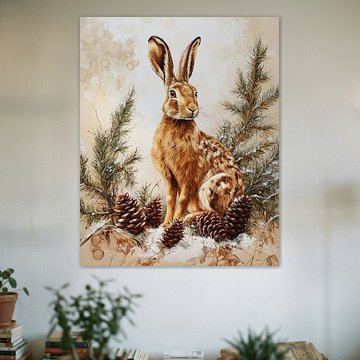 An alert hare in the copper-gold stillness of the pine forest by Eva Lee