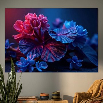 Rosa und blaue Blüten mit dunklen Blättern unter Kunstlicht