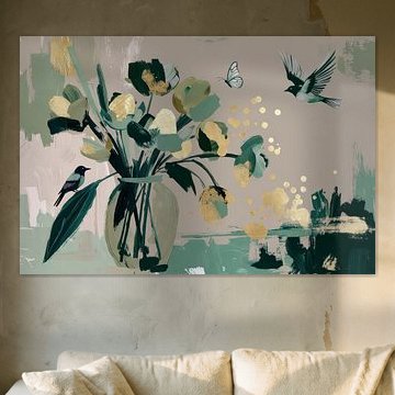 Nature morte florale | Oiseaux | Or | Abstrait sur Imperial Art House
