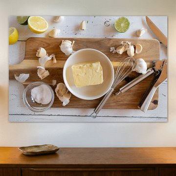 Bereiding met de hand: verse knoflookboter op hout van Angelika Heine