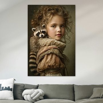 Girl with a Raccoon – A Dreamy Portrait in Earth Tones by Peter Pen Drawings and Paintings
