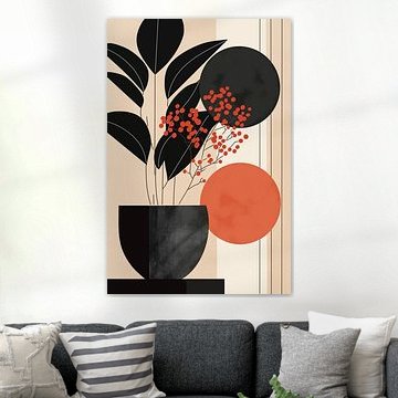 Modern Botanical Still Life with a Black Plant and Red Berries