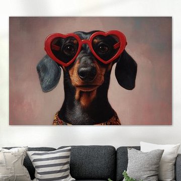 Dachshund wearing heart-shaped sunglasses by Eva Lee