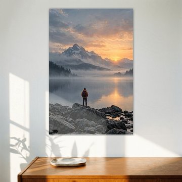 A tranquil mountain lake in the morning mist