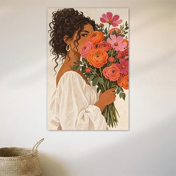 Femme avec un bouquet de renoncules orange