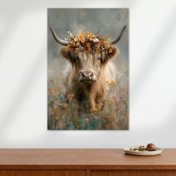 Scottish Highland Cow – Serene Floral Portrait in Ochre
