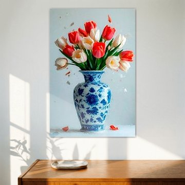 Un vase de style « Delfts Blauw » orné de tulipes colorées. sur J.a Dijkstra