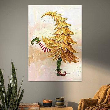Golden Christmas elf performing a lively dance by AidasignArt