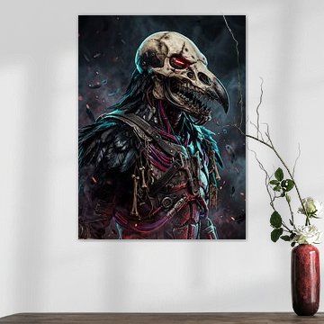Kybernetischer Pestdoktor, Vogelschädel, rot leuchtendes Auge – postapokalyptisches Grafikdesign von Riswan Ratta