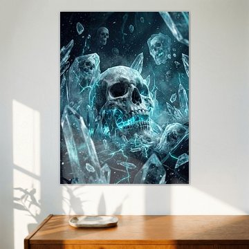 Frozen Ice Skulls Crystal Cavern Glowing Cyan Ice Dark Fantasy Graphic Design by Riswan Ratta
