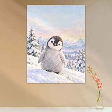 Un poussin de manchot dans la forêt hivernale – Aquarelle avec de la neige