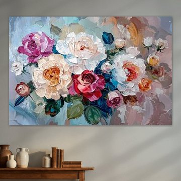 Romantisches, abstraktes Rosenstillleben in sanften Pastelltönen