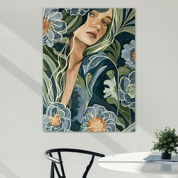 Portrait of a woman amongst flowers and leaves by Lina van Oers