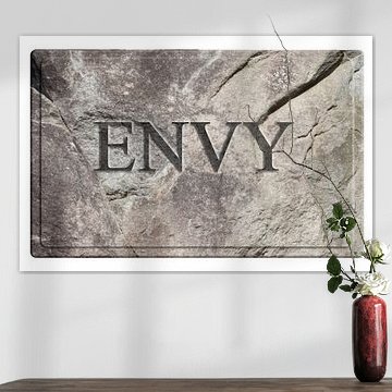 Die sieben Todsünden – Steintafel mit dem Wort „Neid“