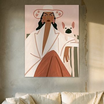 woman with a bulldog, boho style