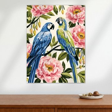 Tropische papegaaien tussen roze bloemen van IamHomeStudio