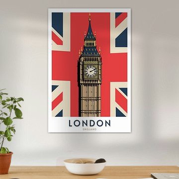 La tour de l'horloge de Londres | Affiche de voyage « Union Jack » sur Minimal Blue